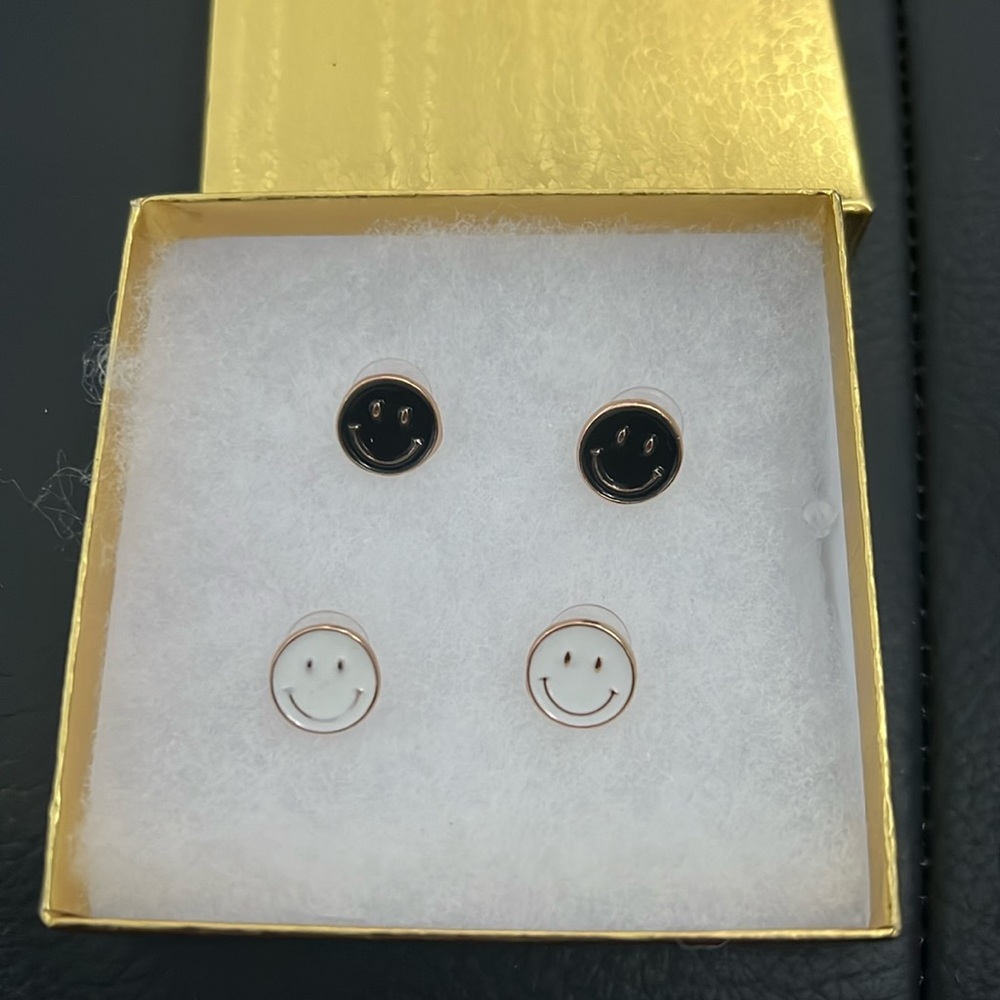 Happy Face Black and White Studs: Two Pairs